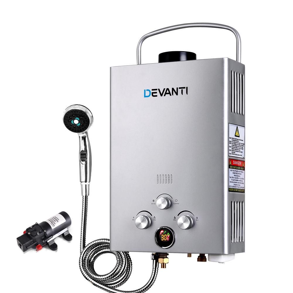 DEVANTi Outdoor Portable Gas Hot Water Heater Shower Camping LPG Caravan Pump Silver Devanti