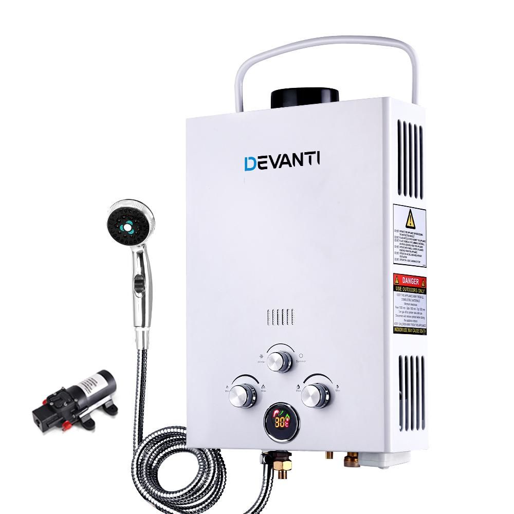 DEVANTi Outdoor Portable Gas Hot Water Heater Shower Camping LPG Caravan Pump White Devanti