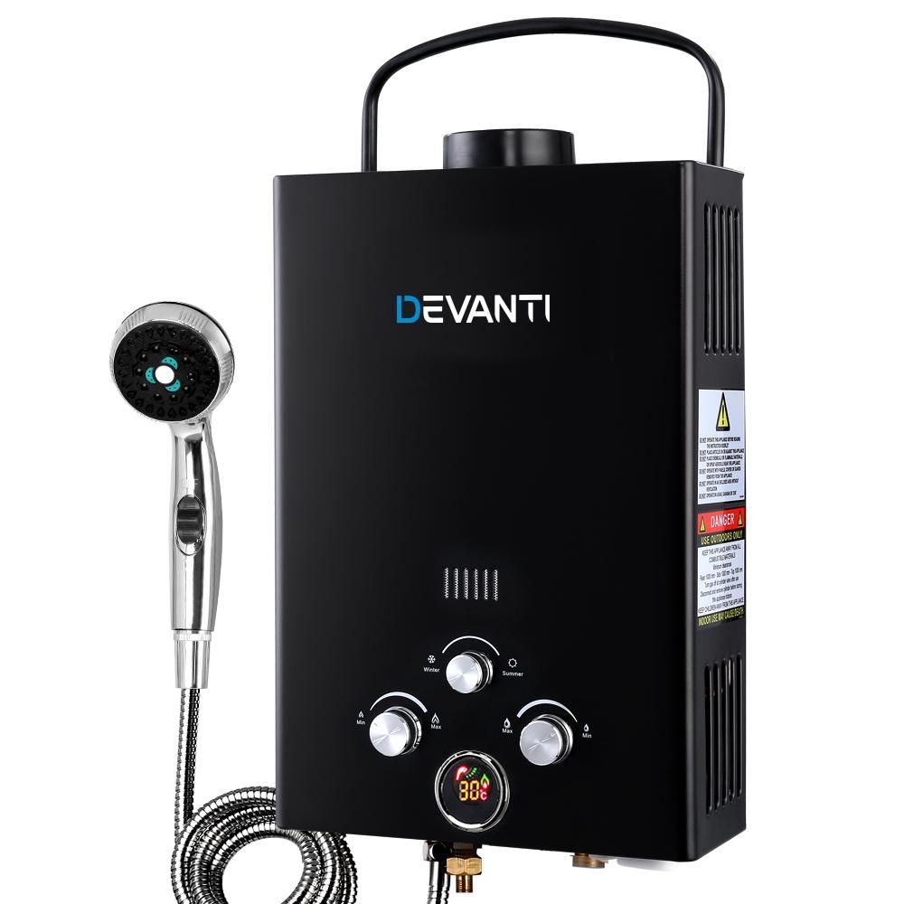 DEVANTi Portable Gas Water Heater Hot Shower Camping LPG Outdoor Instant 4WD Black Devanti